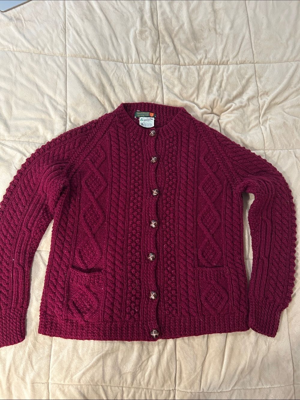 Bloomingdale’s Irish Cottage 100% Pure Wool Cable-Knit Button Burgundy Cardigan